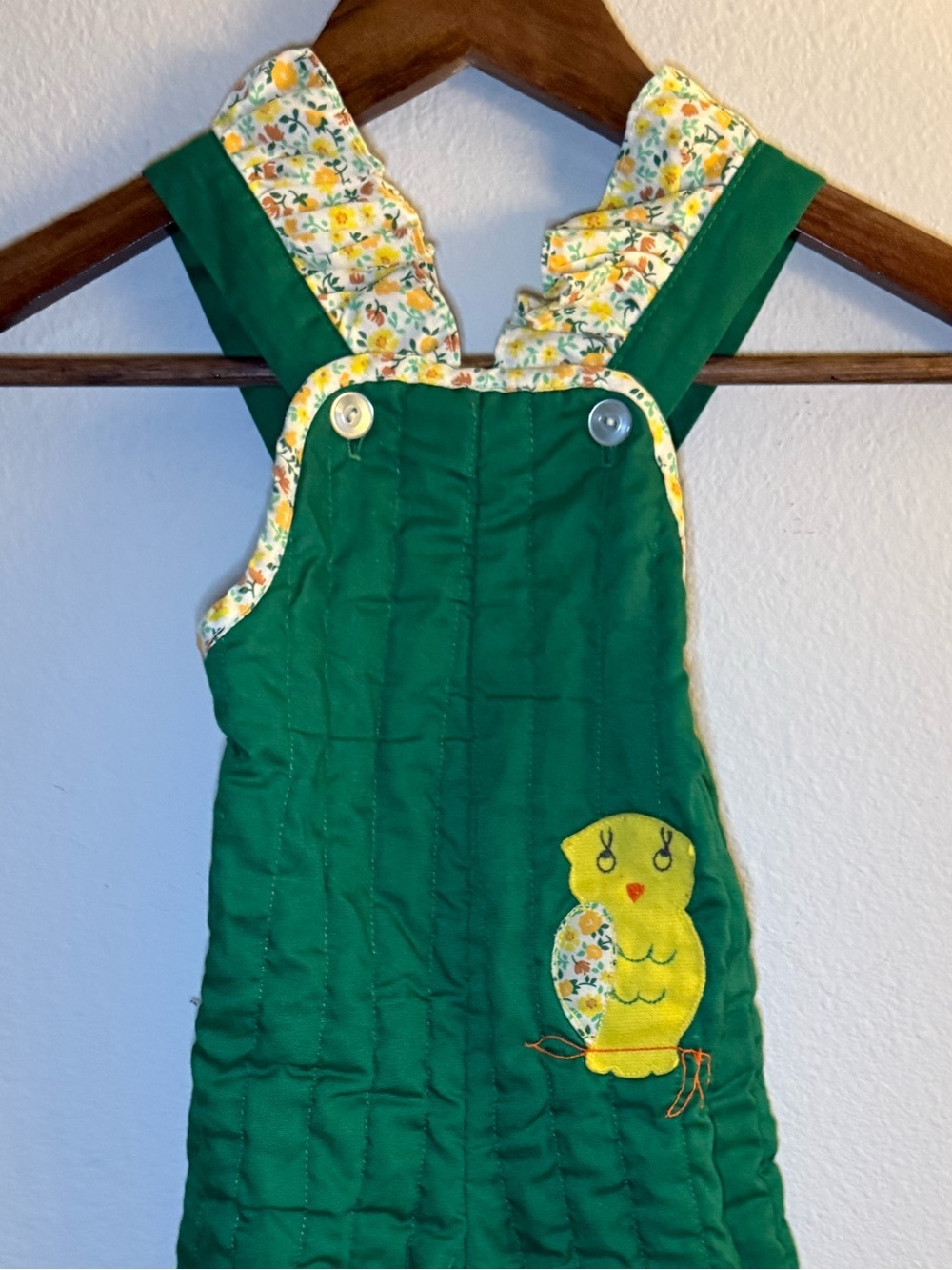 Sears Green Quilted Kids Overalls with Yellow Owl Applique